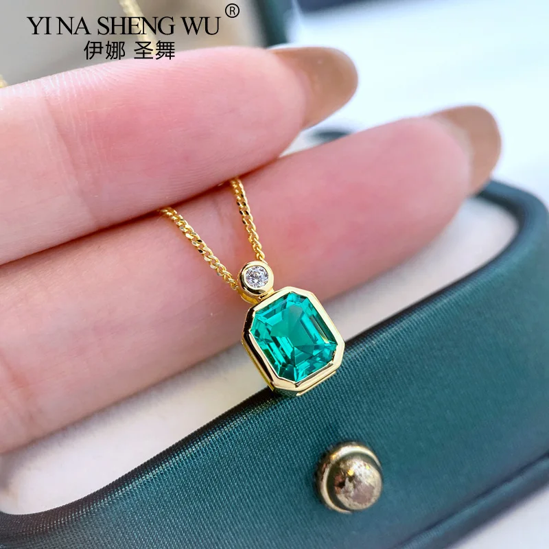 Inlaid emerald square necklace high-end fashion temperament pendant sweet light luxury style niche design women's necklace
