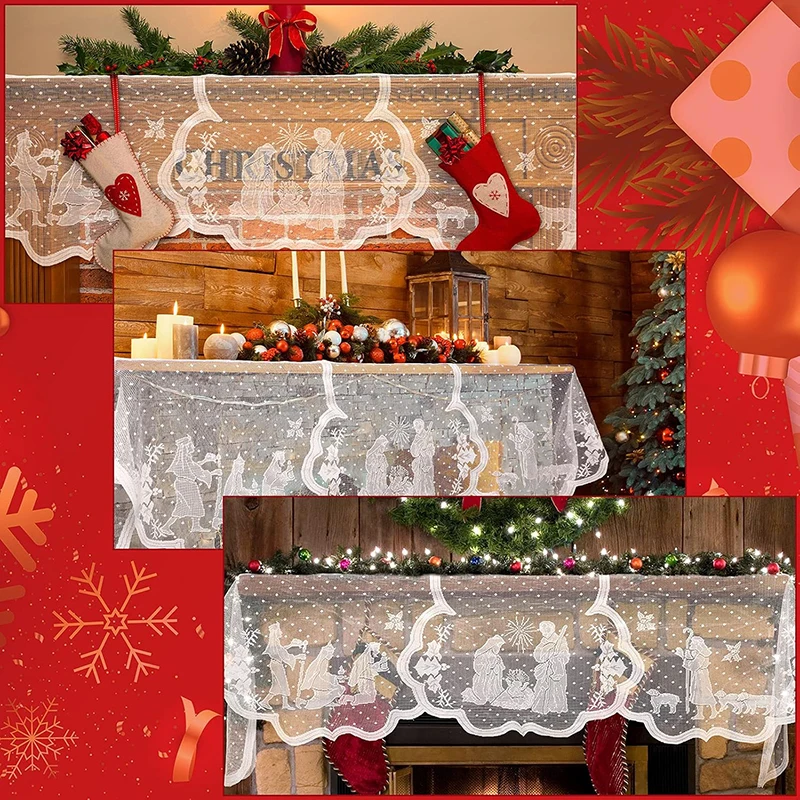 1 Stück Weihnachtliche Weiße Spitzen-Jesus-Girlande Kaminschürze für Familien-Wohnzimmer Innendekoration, 20 X 90 Zoll – Detail 6