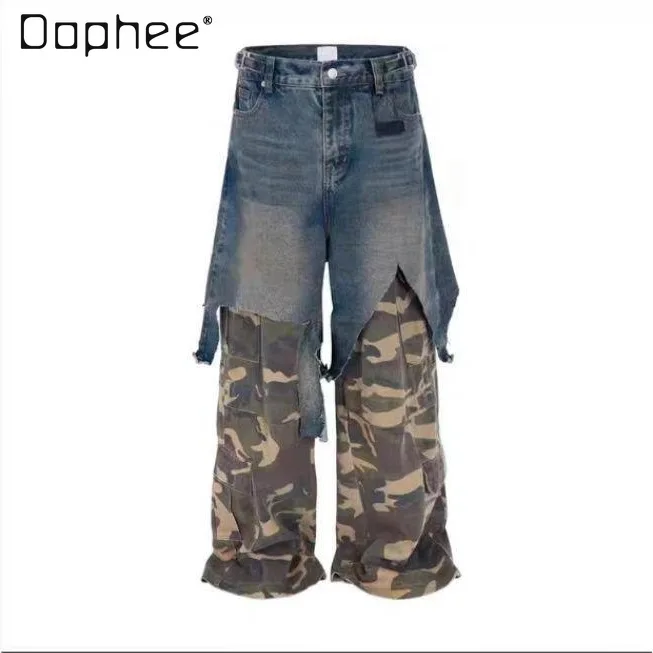 

Мужские джинсы-карго в стиле панк-рок с камуфляжными вставками, свободные, широкие штанины, весна-лето, новинка