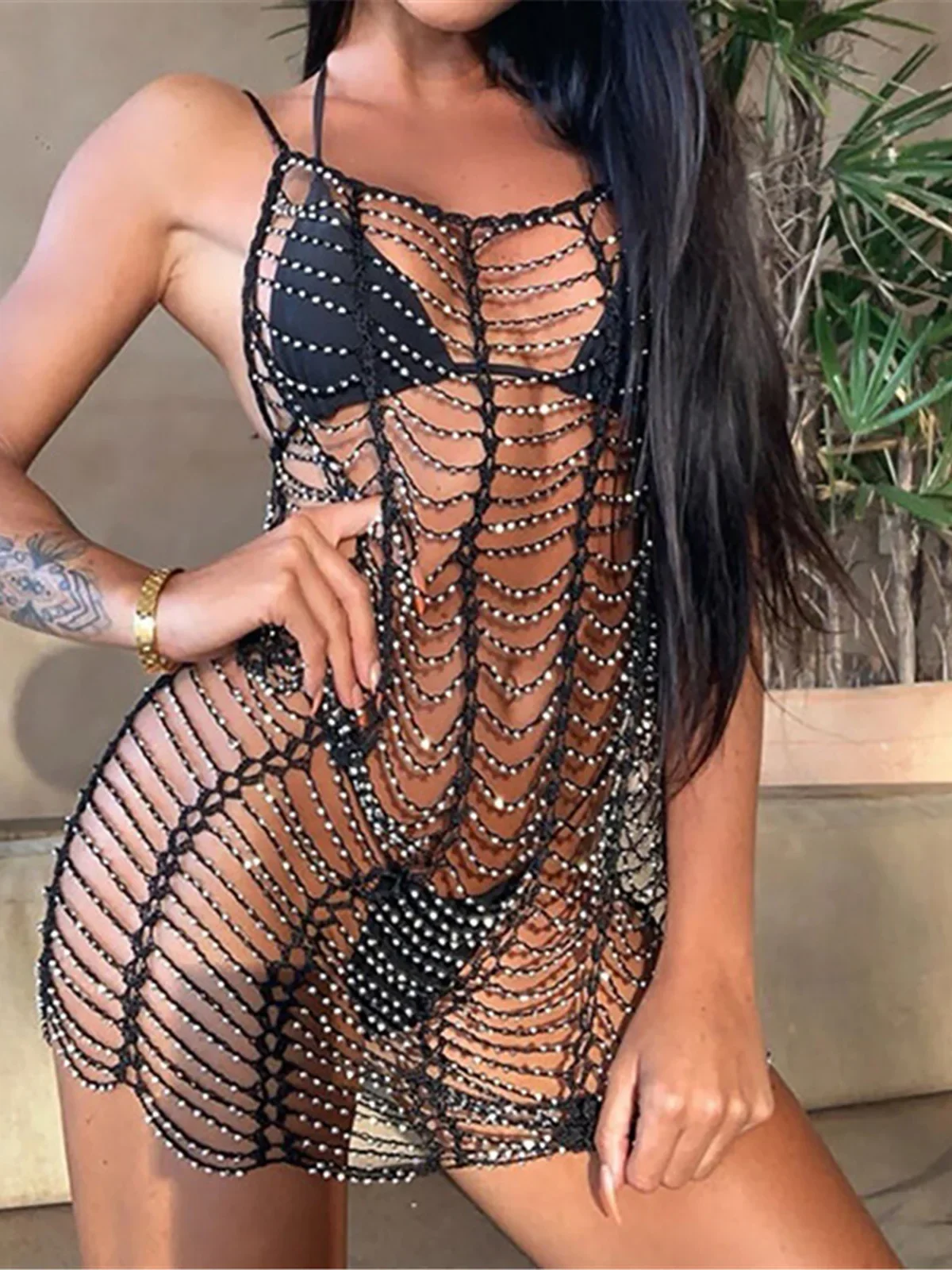 

Luxury Bling Diamond Rhinestones Hollow Out Tunic Beach Cover Up Cover-ups Beach Dress Beach Wear Beachwear Female Women V4747SW