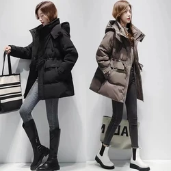 Women Down Coat European Fashion Women Long Sleeves Side Pockets Hooded Winter Warm Turtle Neck Slim Waist Coat Puffer Outerwear
