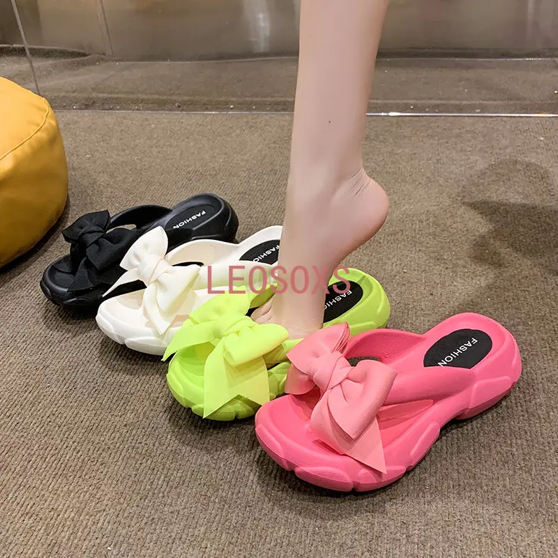 2023 New Fashion Bowknot Platform Flip Flop for Women Beach Non Slip Wedge Slippers Woman Thick Sole Clip Toe Slides Sandals