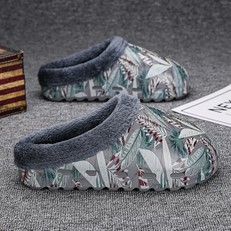 New Arrivals Winter Unisex YZY Fur Slides Slip On Warmth Cotton Slippers Leaves Pattern Home Cotton Shoes Men Women Size 34-46