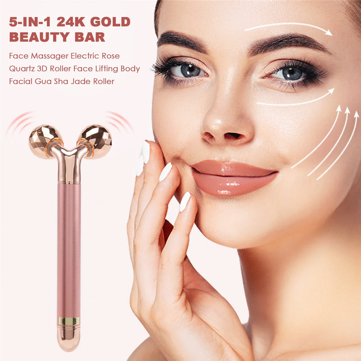 Masajeador facial eléctrico de cuarzo rosa, rodillo 3D de 24K, 5 en 1, Gua Sha, Jade