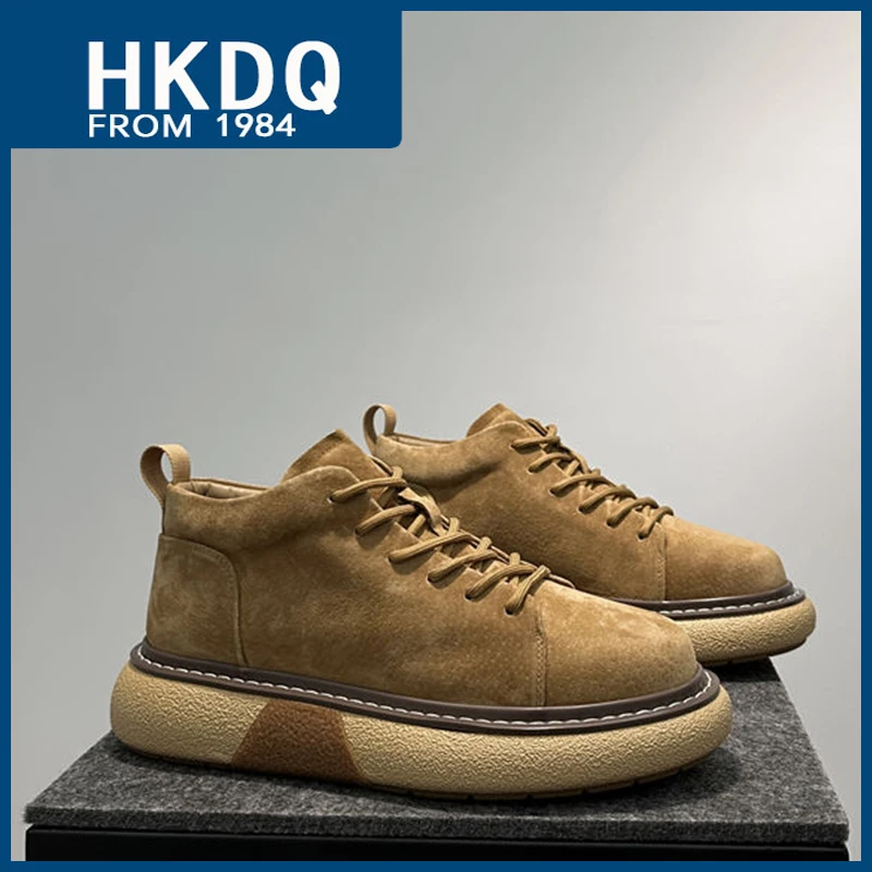 HKDQ Winter Brown Suede Boots For Men Outdoor Comfortable Platform Ankle Boots Man Fashion Casual Lace-up Men's High Top Boots