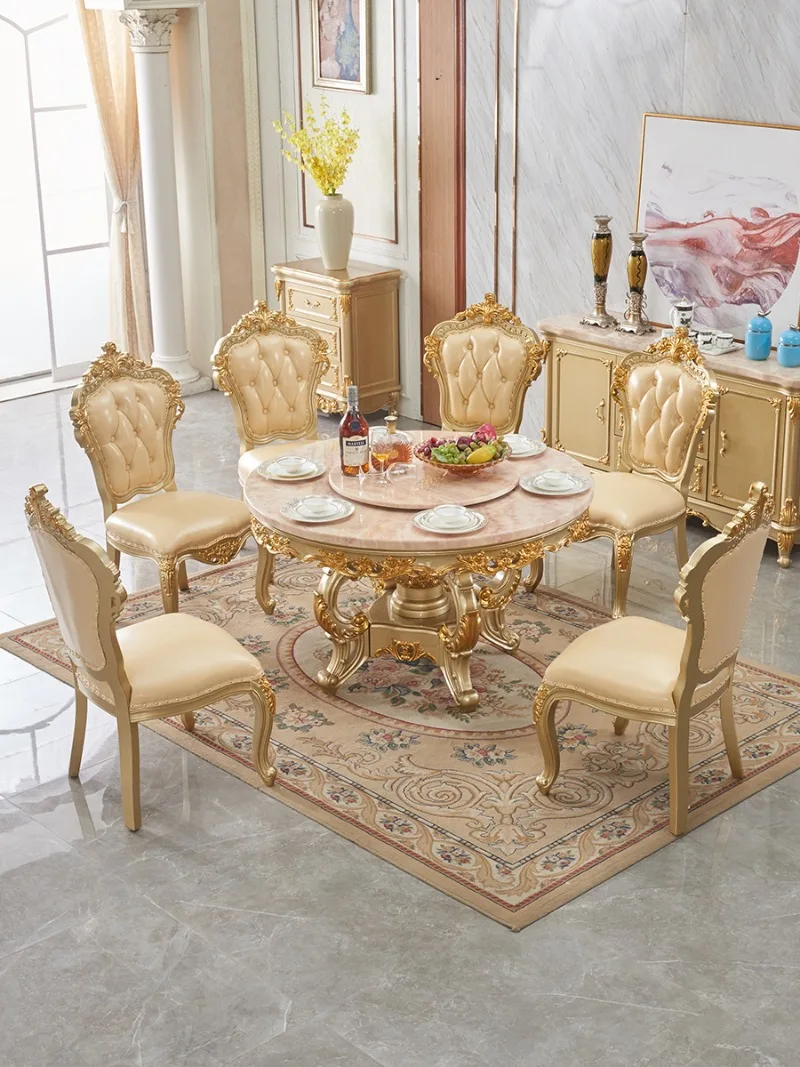 طاولة رخامية مستديرة من الخشب الصلب على الطراز الأوروبي مع طاولة طعام دوارة وكرسي مجموعة مطعم شامبانيا #3