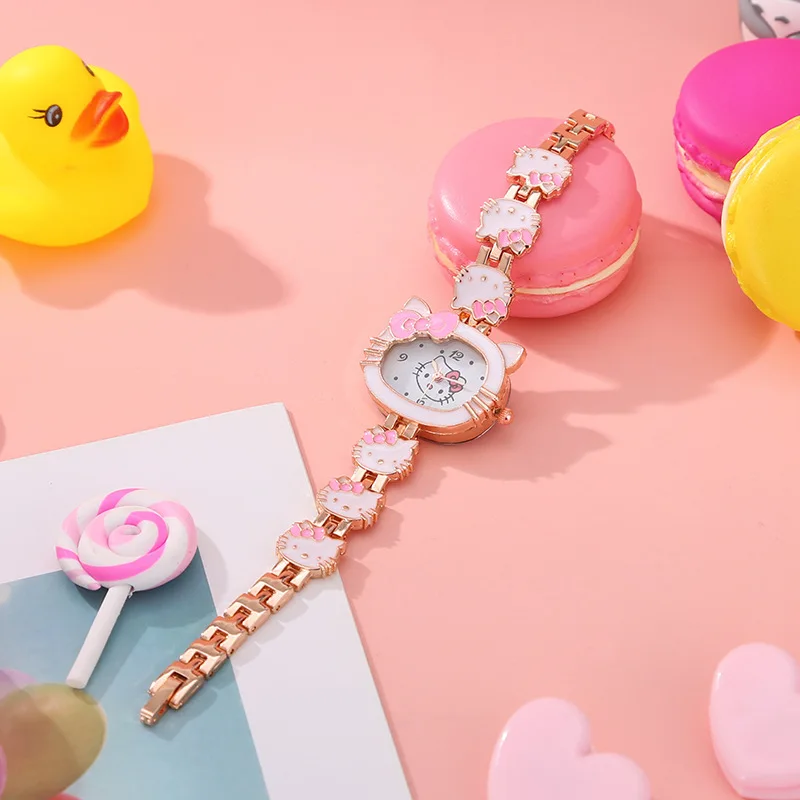 Fashion Women Bracelets Watch Children Rosy Cat Casual Quartz Watches for Kids Crystal Cartoon Wristwatches Relogio Feminino