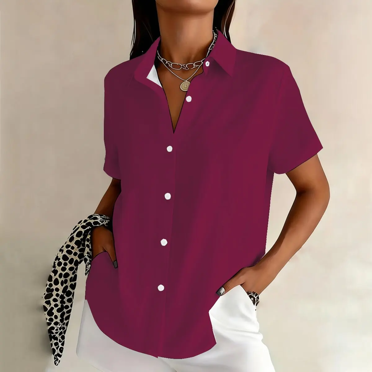 

Women's plus-size summer short-sleeve shirt, understated and elegant tones, graceful and artistic, stylish for going out
