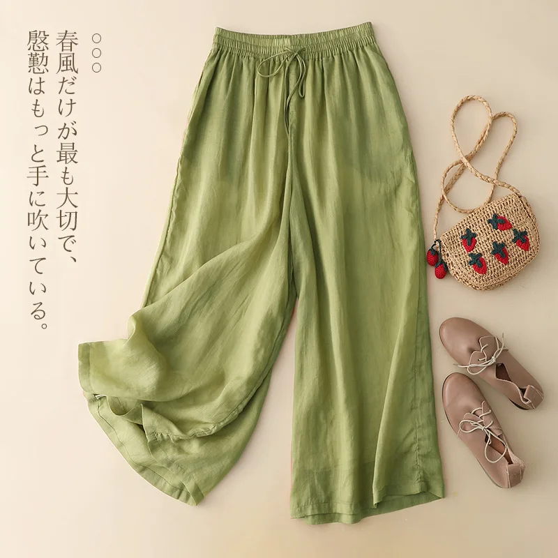 

100% Ramie Wide Leg Cropped Pants For Women Summer Thin Comfortable Capris Double Layered Loose Casual Elastic Band Trousers