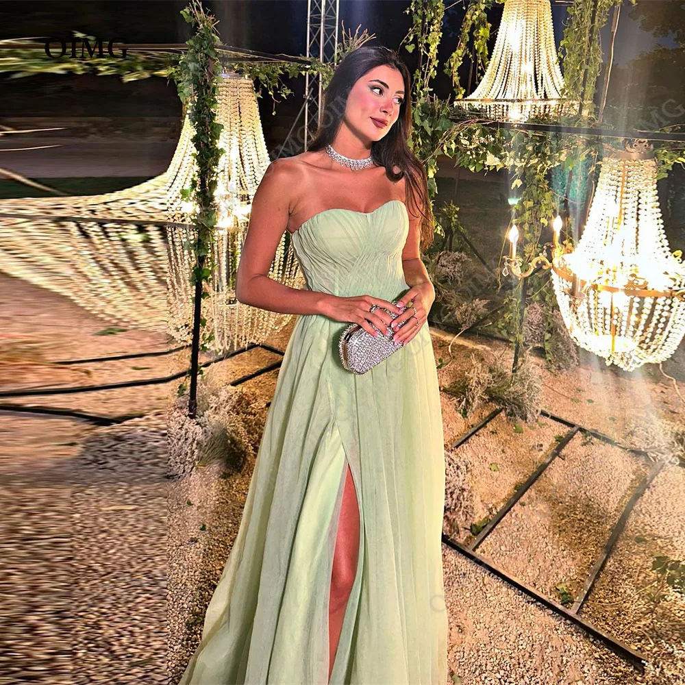 

OIMG Dusty Green A Line Chiffon Side Slit Sleeveless Fomral Event Night Gowns Princess Prom Dress Sweetheart Evening Dresses