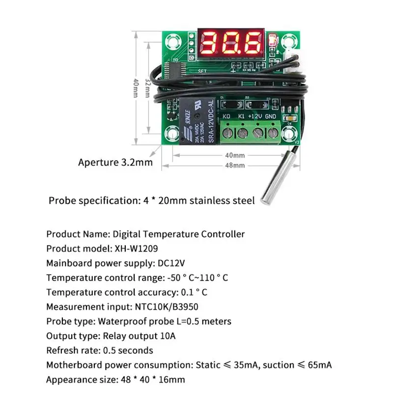 XH W1209 Digital High Precision Temperature Controller With LED Display And Waterproof Probe For Aquarium Greenhouse DIY