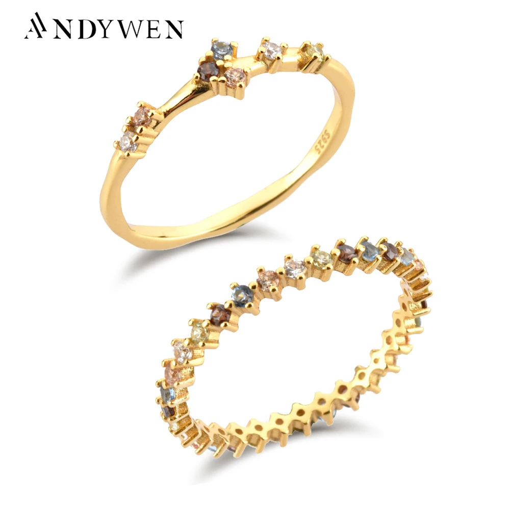 ANDYWEN 925 Sterling Silver Gold Five Gold Ring Full Zircon CZ Lady Bird Ring Women Wedding Jewelry Rock Punk Round Jewelry