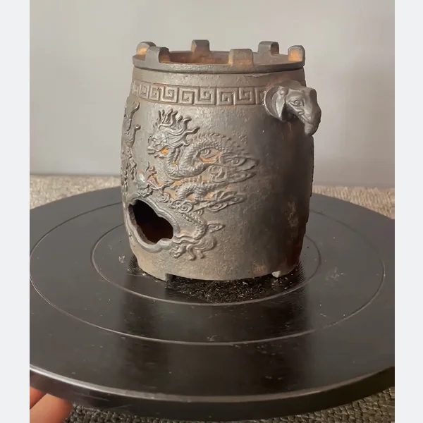 

Retro Mini Iron BBQ Grill Charcoal Stove Portable Tea-cooking Wine-warming Stove Dragon Phoenix Relief Antique Old Objects Home