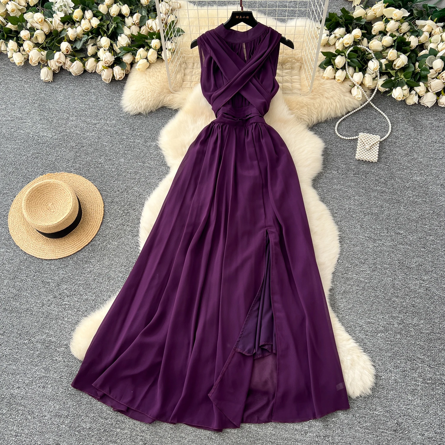 Elegant sleeveless Criss-Cross Beach Vacation Vestidos dress Slim Women Evening Party Summer Clothing