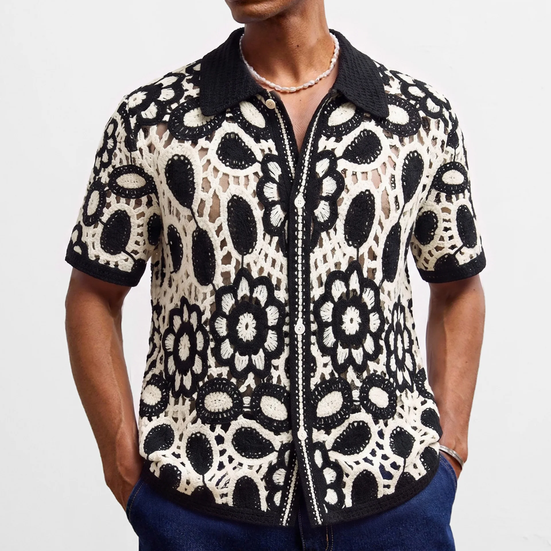 Hollow out short sleeved knitted shirt, black and white color blocked crochet casual cardigan top, polo shirt, men's clothing