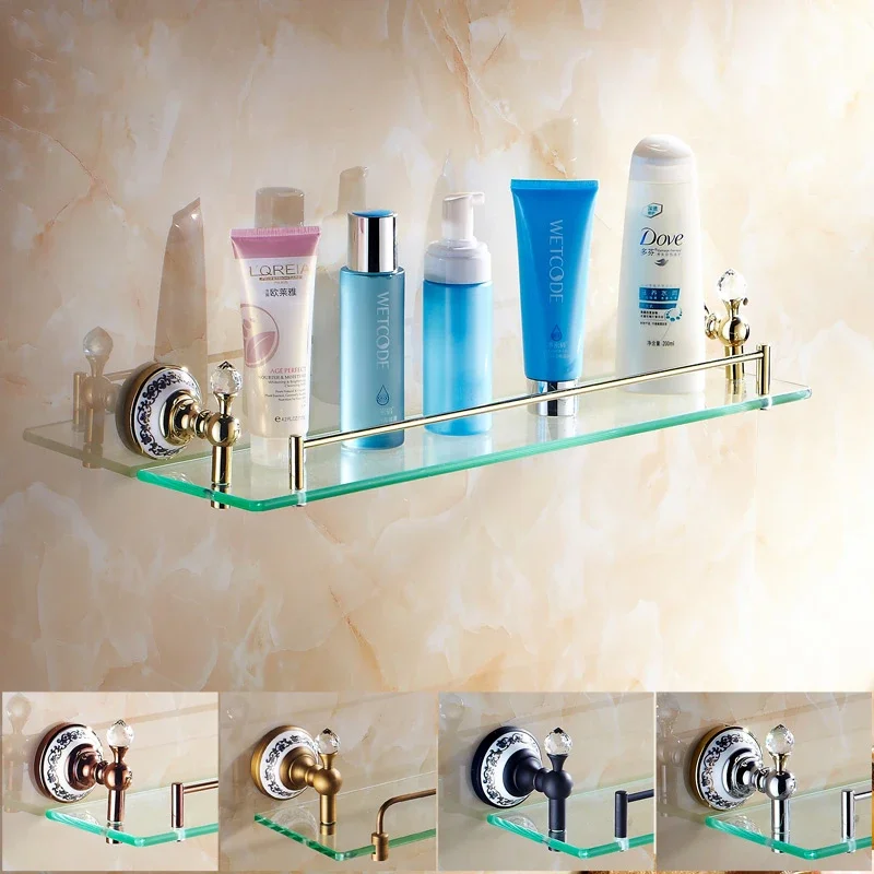 

Bathroom accessories Crystal & Copper Gold plated Single glass Cosmetic Shampoo Body Wash Shelves Bath shelf