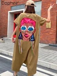 Fashion Brand Loose Contrast Color Zipper Hip Hop Jumpsuit Women 2024 Summer Retro Cartoon Printed Short Sleeve Jumpsuit