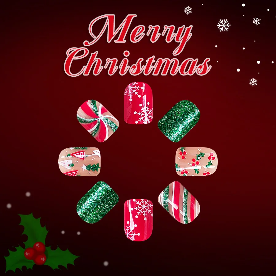 Short Square Glossy Press On Nails 24Pcs Christmas 2025 New Design Snowflake Tree Stripes Red Green Glitter