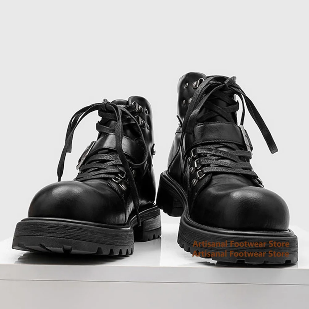 

Thick-Soled Motorcycle Boots for Men Black Leather Outdoor Lace-Up Mid-Top Boots British Style 2025 New In Trendy Men's Boots