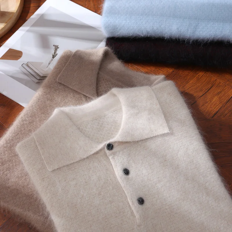 Autumn Winter New Men's Mink Cashmere Lapel Pullover T-Shirt Polo Collar Solid Color Wool Knitted