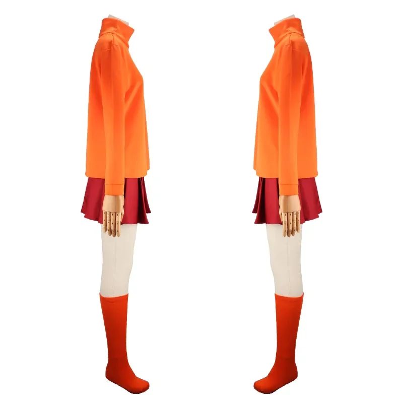 여성 애니메이션 Velma Seragam 코스프레 Kostum 오렌지 짧은 치마 유니폼 Wanita Oranye Kaus Kaki Rok Atas 파티 카니발 세트