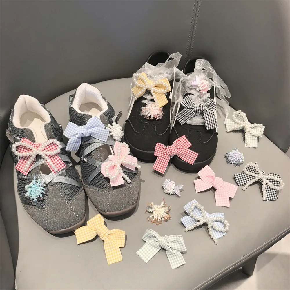 New Cute Bow Shoe Charms Removable Shoe Clips for Sneakers Canvas Shoes Women Girls Pearl Lace Shoe Accessories 1 PCS