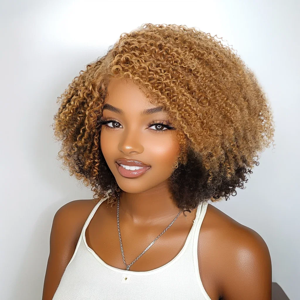 

Короткий парик-боб из натуральных волос с глубокими кудрями, с эффектом афро-кинки, с детской линией роста волос, парик-боб с эффектом водной волны, омбре цвета меда 4/27