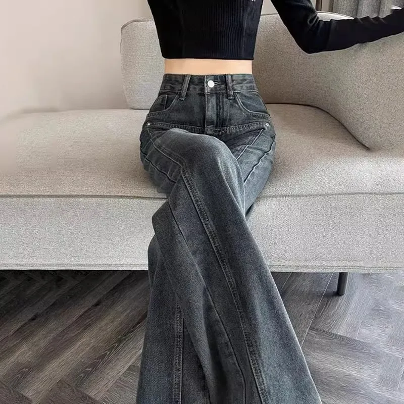 Narrow Version Wide Legs Long Pants Mop The Floor High Waist New American High Street Small Cement Gray Meat Straight Leg Jeans