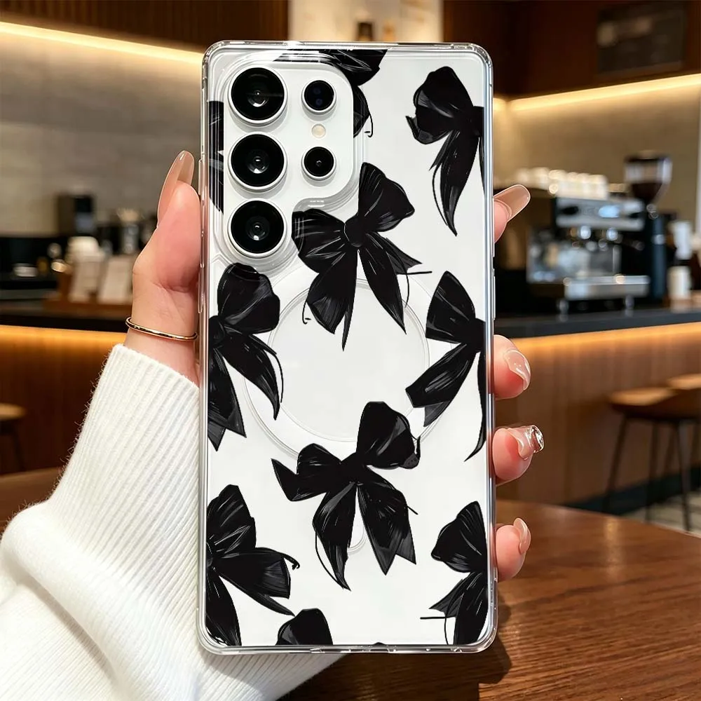 Black Bowknot Pattern Phone Case For Samsung Galaxy S26 S25 S24 S23 S22 Ultra FE Plus A56 Transparent Magnetic Cover