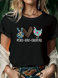 Peace Love Chickens Shirt Leopard Women T Shirt Print T-Shirt Woman Casual Short Sleeve Tee Tops for Spring Summer Female Clothi