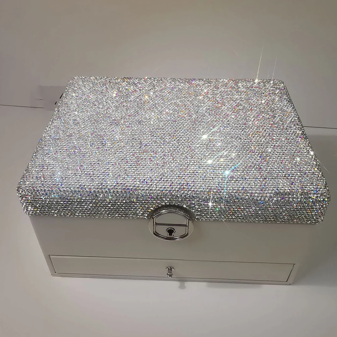 

Sparkling Rhinestone Cosmetic Case Multifunctional PU Leather Jewelry Box Drawer Make Up Storage With Mirror Jewelry Organizer