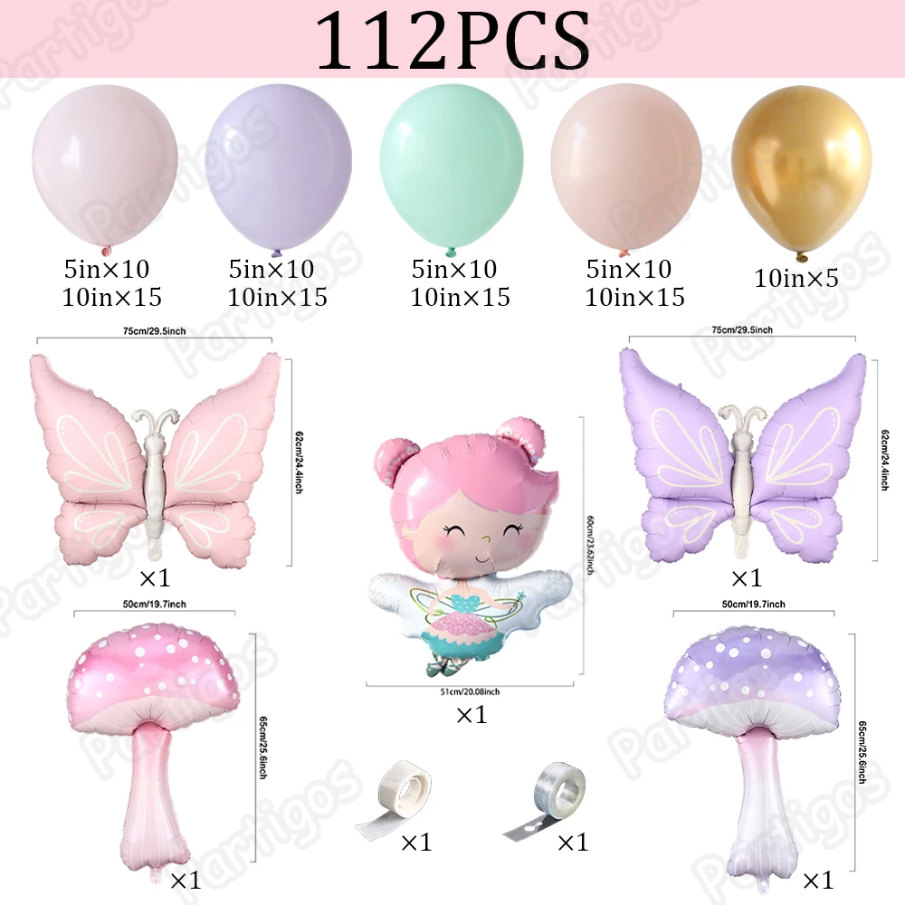 112Pcs Fairy Balloon Garland Kitt Pink Purple Butterfly Mushroom Foil Balloon Birthday Baby Shower Spring Wonderland Party Decor