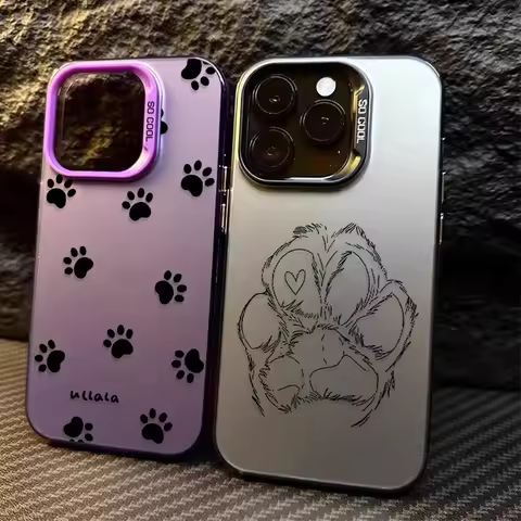 Cute Cat Dog Paw Print Plating Case for Samsung Galaxy S24 S25 Ultra S23 Plus S22 S21 FE A56 A36 A26 5G A16 A06 4G Note 20 Cover
