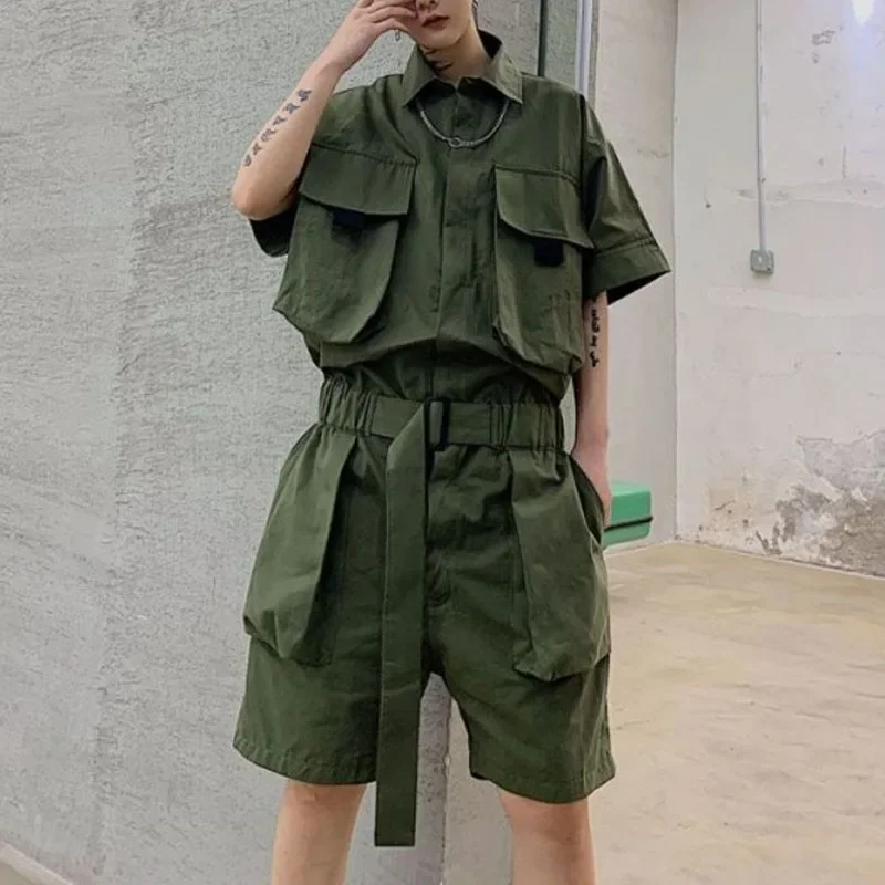 2024 Summer New Men's Turn-down Collar Button Spliced Pockets Casual Slim Fashion Sashes Short Sleeve Cargo Overalls Shorts