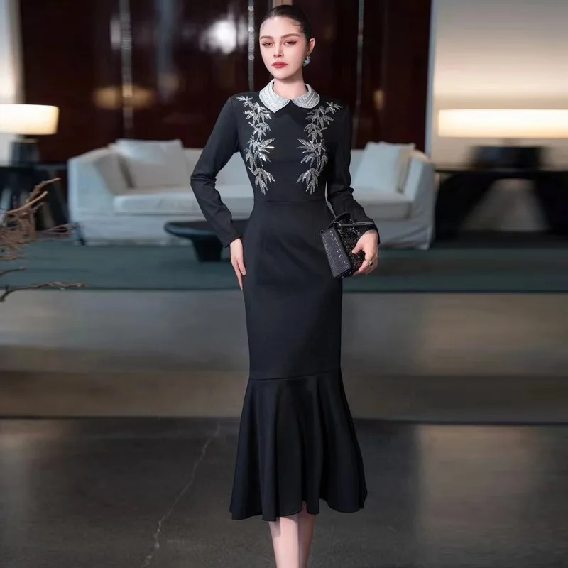 ZJYT Runway 2025 Fashion Embroidery Black Mermaid Dresses Women Long Sleeve Midi Prom Party Dress Elegant Spring New Vestidos