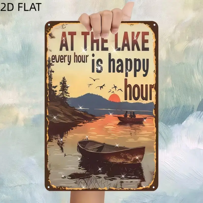 2D Flat At The Lake Happy Hour Vintage Metal Tin Sign - Retro Lake/Boat/Sunset Design, Iron Wall Art for Lake House & Home Decor