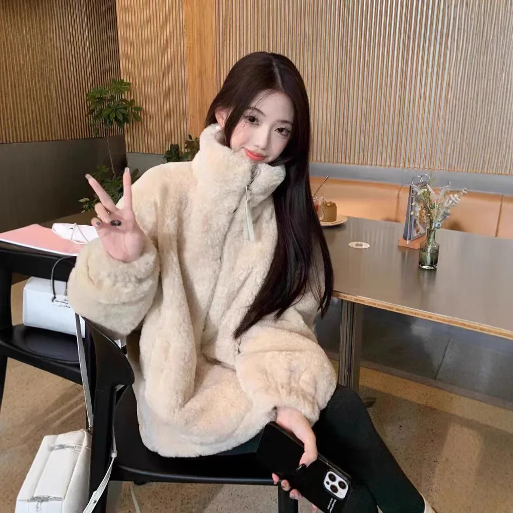 Ztluštěná jehněčí kožešinová bunda pro ženy, volný střih, stojáček, podzimní zimní pouliční styl, malá bomberová bunda, plyšové svrchní oblečení - náhled 3