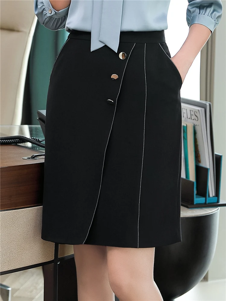 Fashion Summer 2022 Women Skirt Black High Waist Work Slim High Quality Poket Midi Skirt Open Fork Office Lady Skirts Female