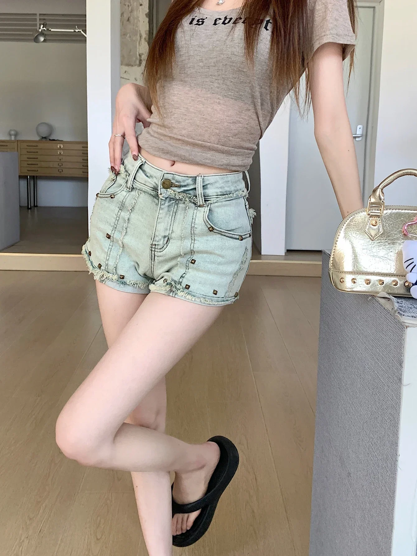 Vintage Blue Rivet Gothic Denim Shorts women 2000s Y2k Harajuku High Waist Summer Hot Pants Streetwear Mini Short Jeans
