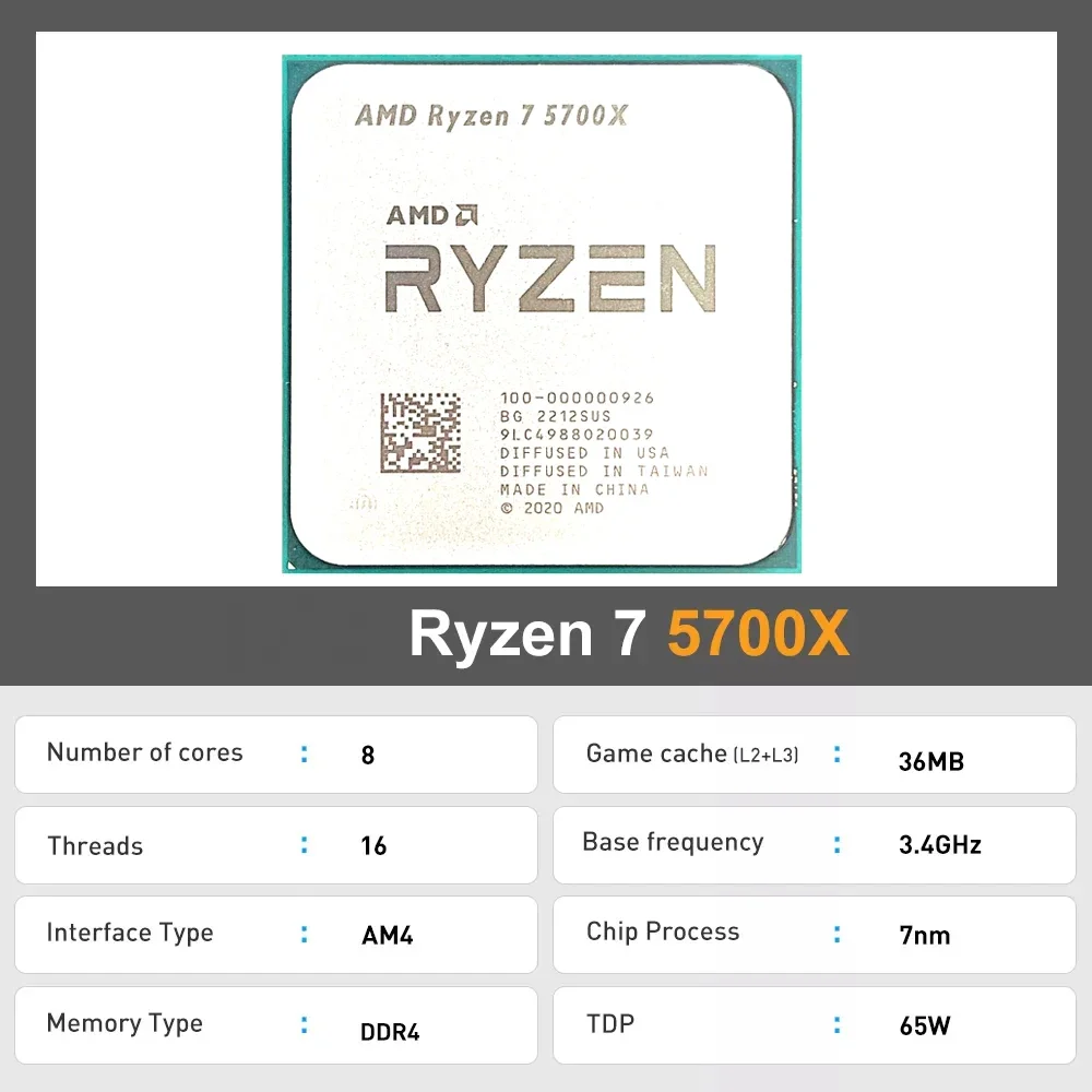 AMD Ryzen 7 5700X R7 5700X 3.4GHz 8-Core 16-Thread CPU Processor 7NM L3=32M 100-000000926 Socket AM4 No Fan