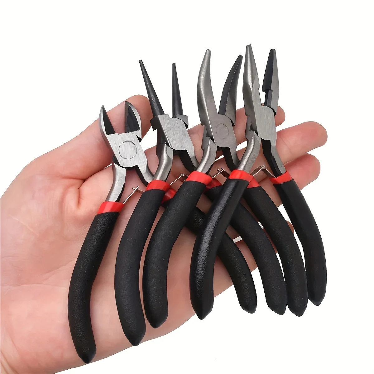 The four piece set of pliers includes pointed nose pliers, round nose pliers, top cutting pliers, curved nose pliers
