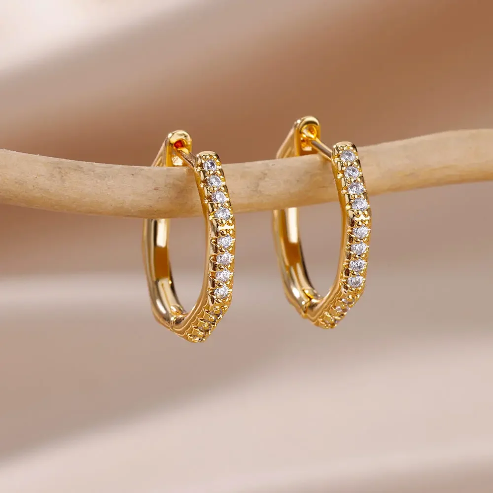 Stainless Steel Earring for Women Heart Zircon Gold Color Hoop Earrings Vintage Waterproof Ear Piercing Jewelry Accessories Gift