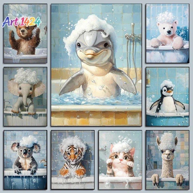 1pc frameless canvas painting Cute Animals In A Bathtub Posters Funny Bathroom Bubble Prints  Canvas Painting Wall Pet Animal