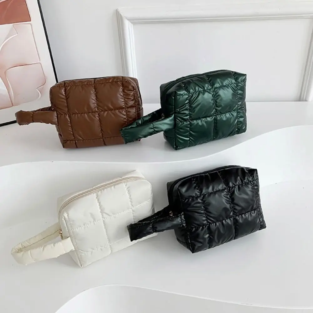 Simple Solid Color Puffer Handbag Quilted PU Leather Padded Makeup Bag Square Large Capacity Plaid Clutch Bag Daily