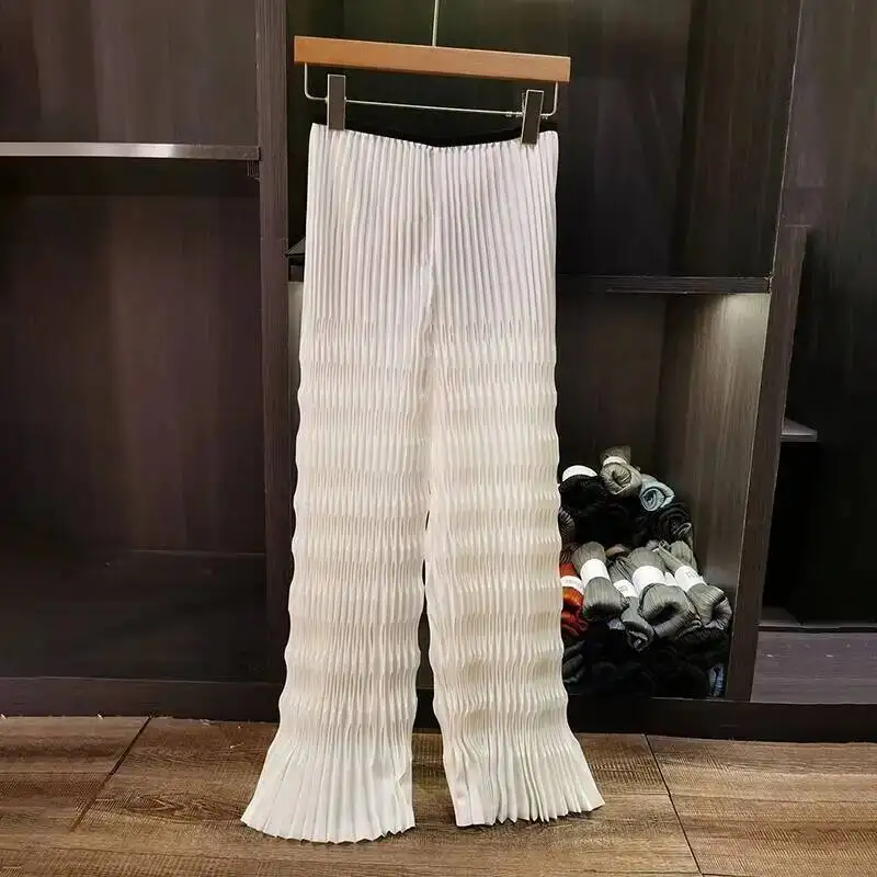 Simple khaki High-end Wave Pattern New women's long pants Summer elastic high waist Casual Straight-leg trousers 2QN14