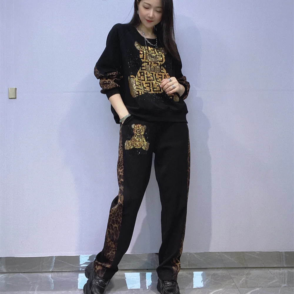 

Two Piece Sets Womens Outfits Vintage Style Side Leopard Pritned Spliced Cartoon Diamonds Autumn Casual Tracksuit Pant Sets