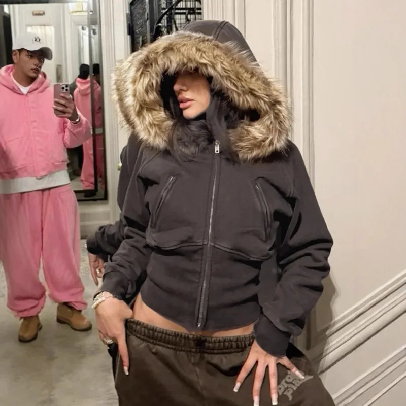

Vintage Women's Cropped Hooded Coats American Fur Collar Pocket Zip Up Hoodie Jacket Autumn Lady Y2K Harajuku Warm Outwears