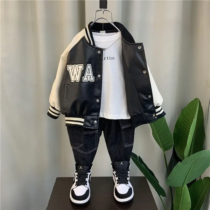 Boys' Baseball Jacket Leather Jacket 2025 New Style Stylish Kids Spring Autumn Wear Rebellious Streetwear Leather Coat
