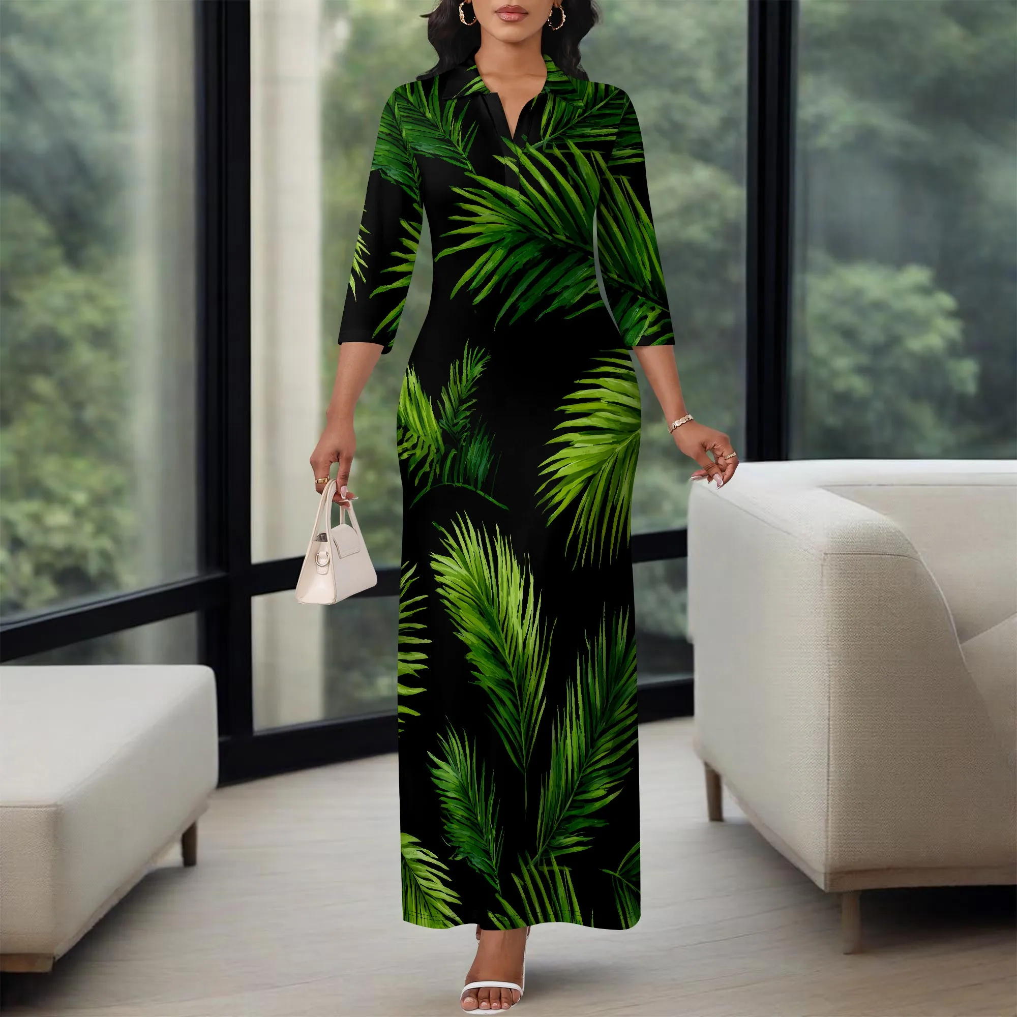 Abito casual maxi lungo da donna a maniche lunghe con scollo a V profondo e ampio
