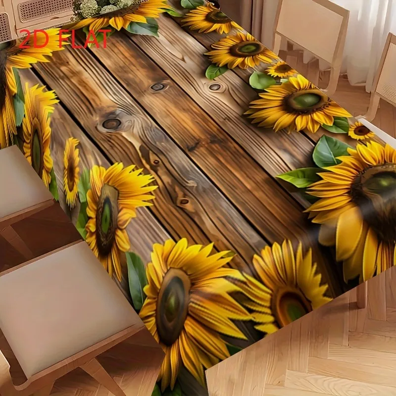 One polyester fabric tablecloth featuring a three-dimensional deep-grain pattern of sunflowers.
